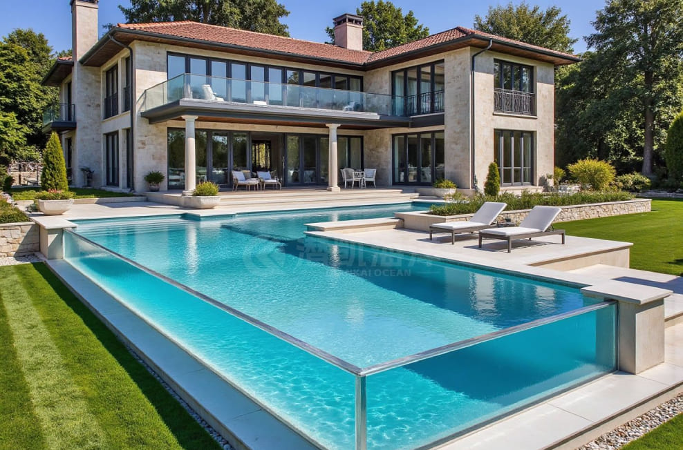 亚克力泳池底部透明设计,从下方观赏游泳者